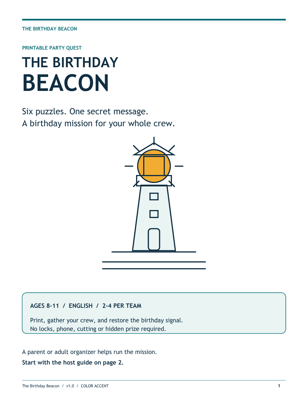 Cover of The Birthday Beacon full printable quest, with a beacon and age guidance.