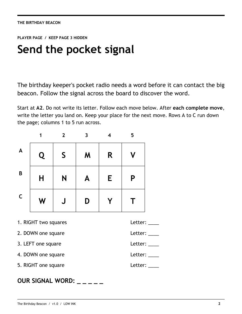 Preview of the printable Pocket Signal mini-mission: a letter grid and five moves for the birthday crew.